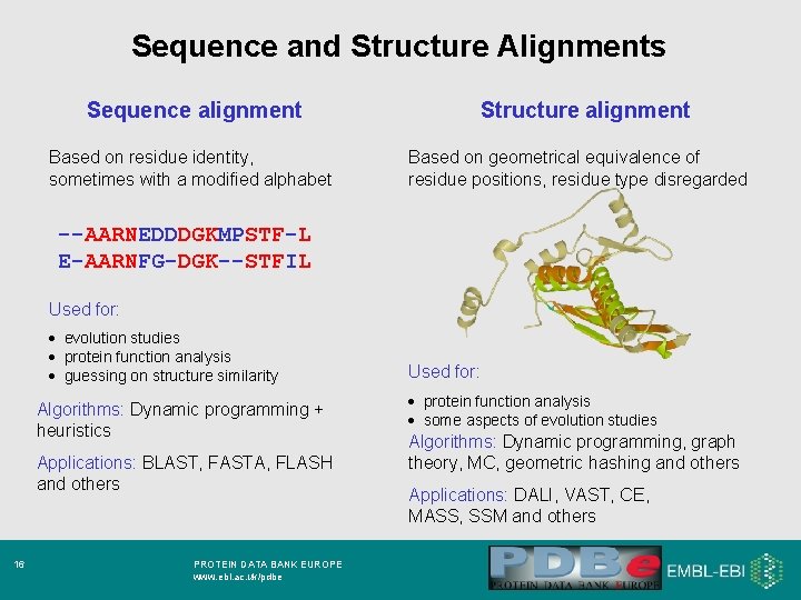 Sequence and Structure Alignments Sequence alignment Based on residue identity, sometimes with a modified