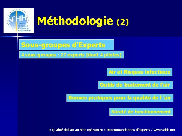 Méthodologie (2) Sous-groupes d’Experts 4 sous-groupes : 27 experts (dont 4 pilotes) Air et