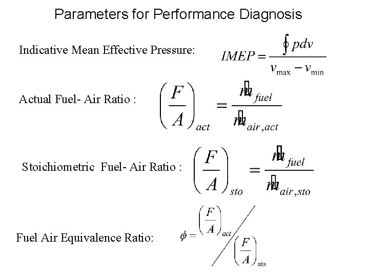 Parameters for Performance Diagnosis Indicative Mean Effective Pressure: Actual Fuel- Air Ratio : Stoichiometric