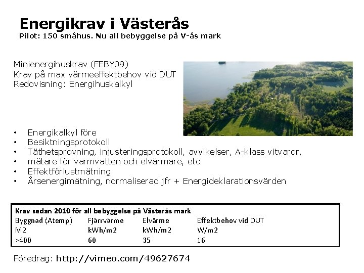 Energikrav i Västerås Pilot: 150 småhus. Nu all bebyggelse på V-ås mark Minienergihuskrav (FEBY