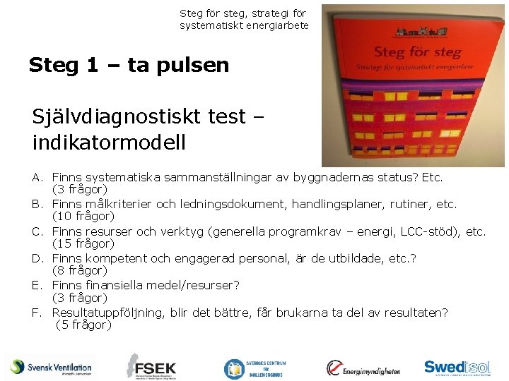 Steg för steg, strategi för systematiskt energiarbete Steg 1 – ta pulsen Självdiagnostiskt test