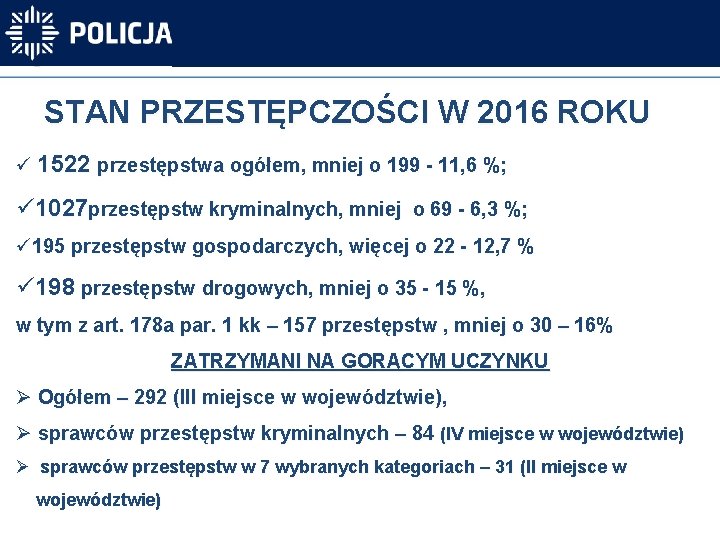 STAN PRZESTĘPCZOŚCI W 2016 ROKU ü 1522 przestępstwa ogółem, mniej o 199 - 11,