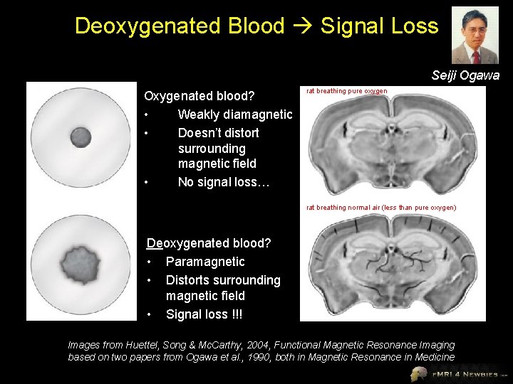 Deoxygenated Blood Signal Loss Seiji Ogawa Oxygenated blood? • Weakly diamagnetic • Doesn’t distort