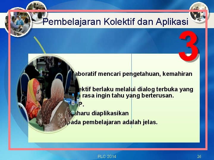 Pembelajaran Kolektif dan Aplikasi 3 Guru secara kolaboratif mencari pengetahuan, kemahiran dan strategi. Pembelajaran