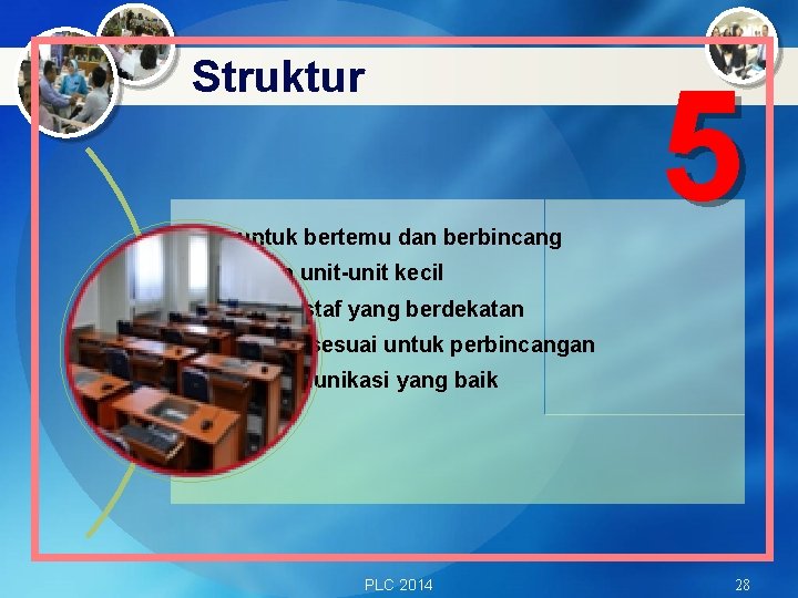 Struktur Masa untuk bertemu dan berbincang 5 Kewujudan unit-unit kecil Kedudukan staf yang berdekatan