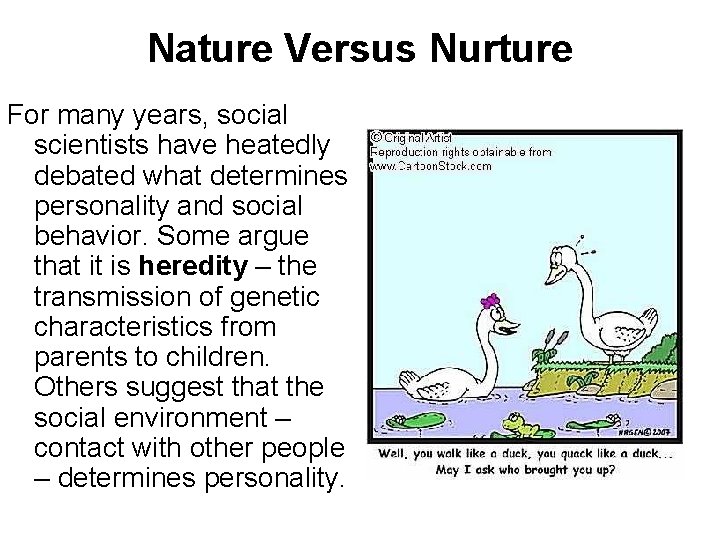 Nature Versus Nurture For many years, social scientists have heatedly debated what determines personality