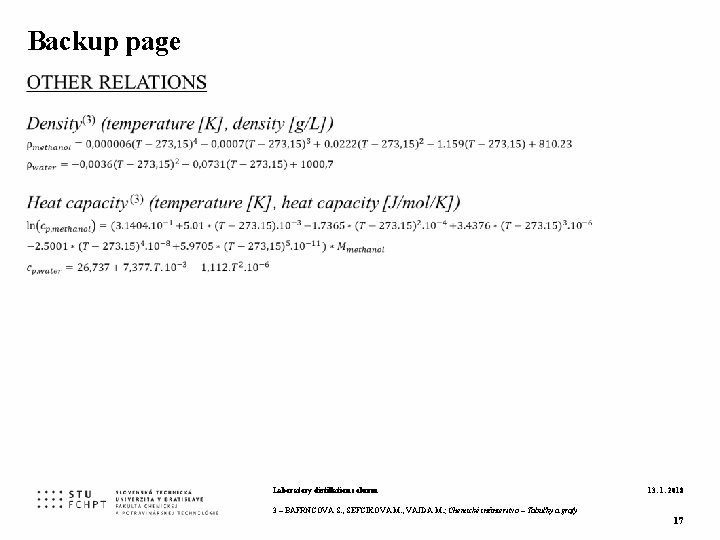 Backup page Laboratory distillation column 13. 1. 2018 3 – BAFRNCOVA S. , SEFCIKOVA