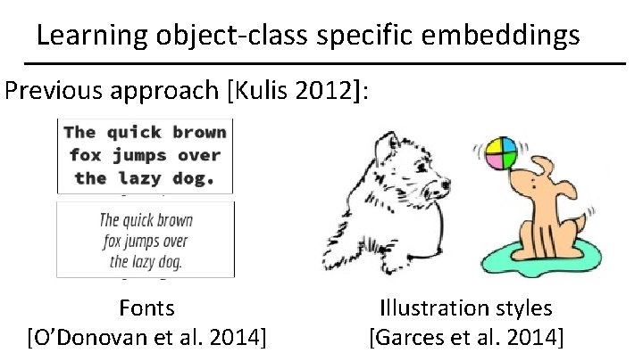 Learning object-class specific embeddings Previous approach [Kulis 2012]: Fonts [O’Donovan et al. 2014] Illustration