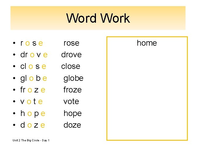 Word Work • • rose dr o v e cl o s e gl