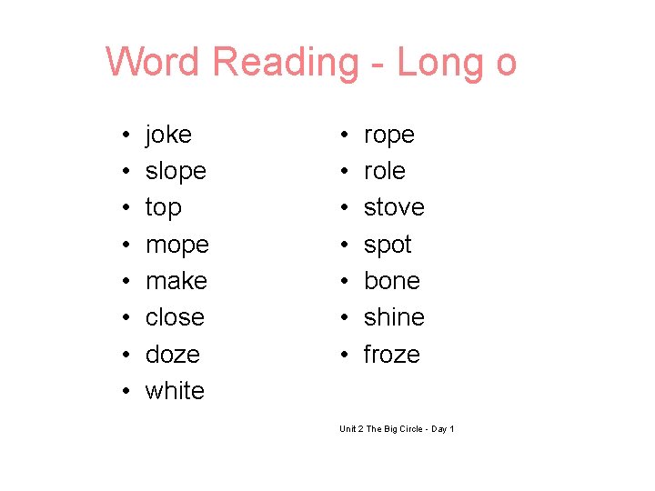 Word Reading - Long o • • joke slope top mope make close doze