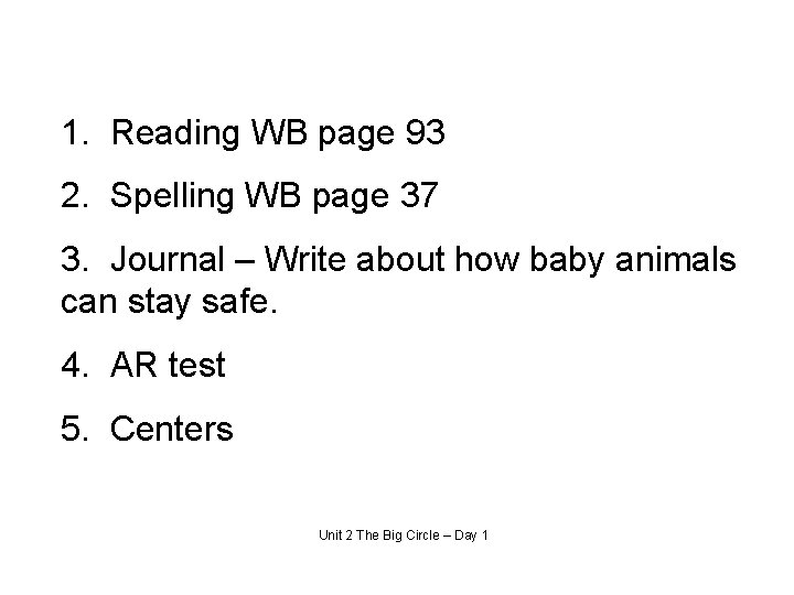 1. Reading WB page 93 2. Spelling WB page 37 3. Journal – Write