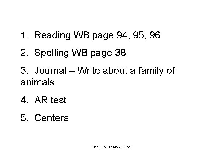 1. Reading WB page 94, 95, 96 2. Spelling WB page 38 3. Journal