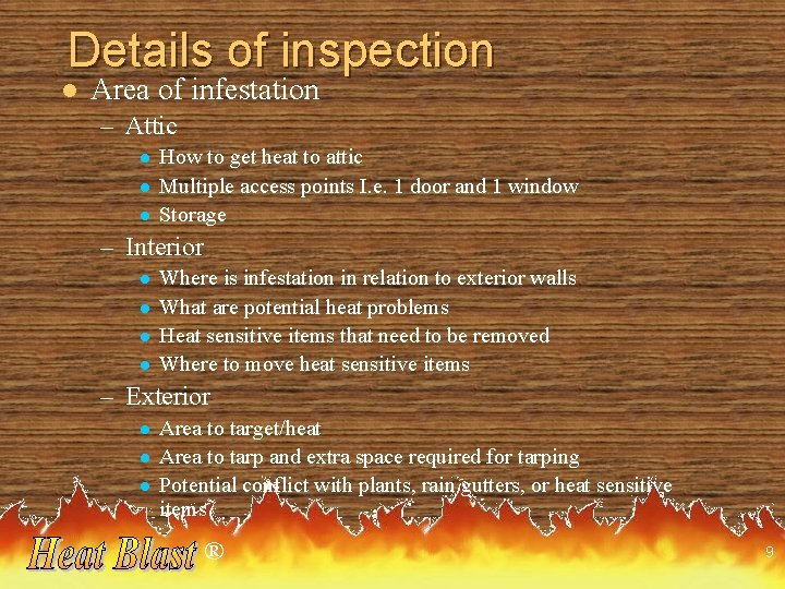 Details of inspection l Area of infestation – Attic l l l How to