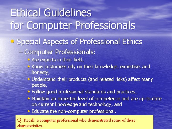 Ethical Guidelines for Computer Professionals • Special Aspects of Professional Ethics – Computer Professionals: