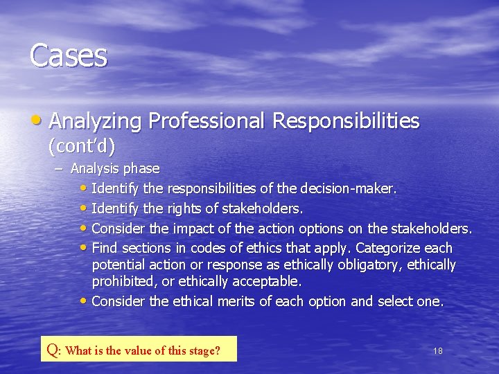 Cases • Analyzing Professional Responsibilities (cont’d) – Analysis phase • Identify the responsibilities of