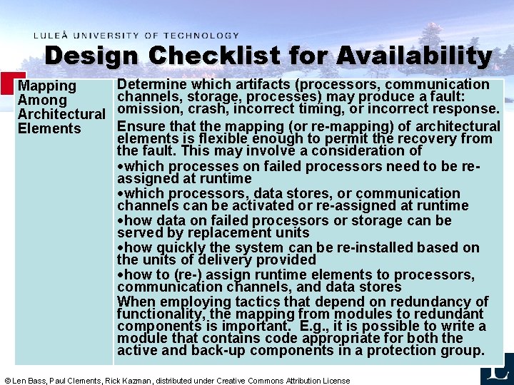 Design Checklist for Availability Mapping Among Architectural Elements Determine which artifacts (processors, communication channels,