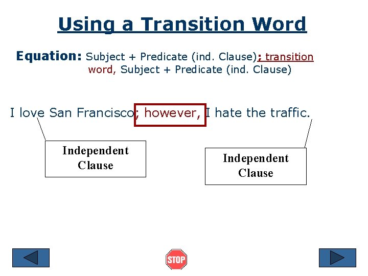 Using a Transition Word Equation: Subject + Predicate (ind. Clause); transition word, Subject +