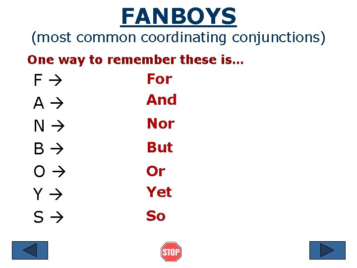 FANBOYS (most common coordinating conjunctions) One way to remember these is… F A N