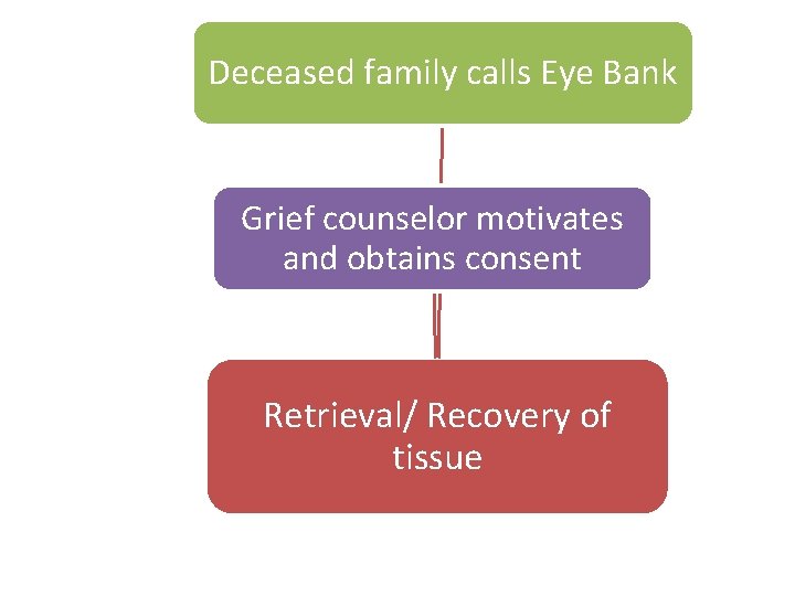 Deceased family calls Eye Bank Grief counselor motivates and obtains consent Retrieval/ Recovery of