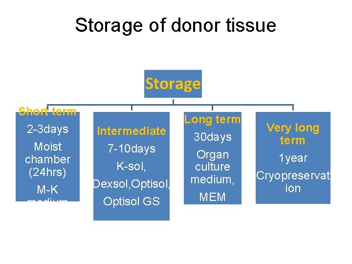 Storage of donor tissue Storage Short term 2 -3 days Moist chamber (24 hrs)