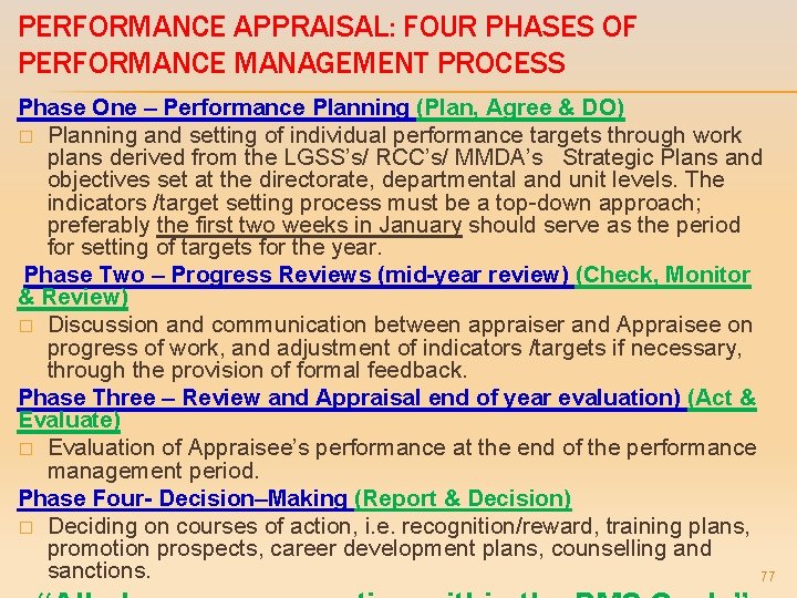 PERFORMANCE APPRAISAL: FOUR PHASES OF PERFORMANCE MANAGEMENT PROCESS Phase One – Performance Planning (Plan,