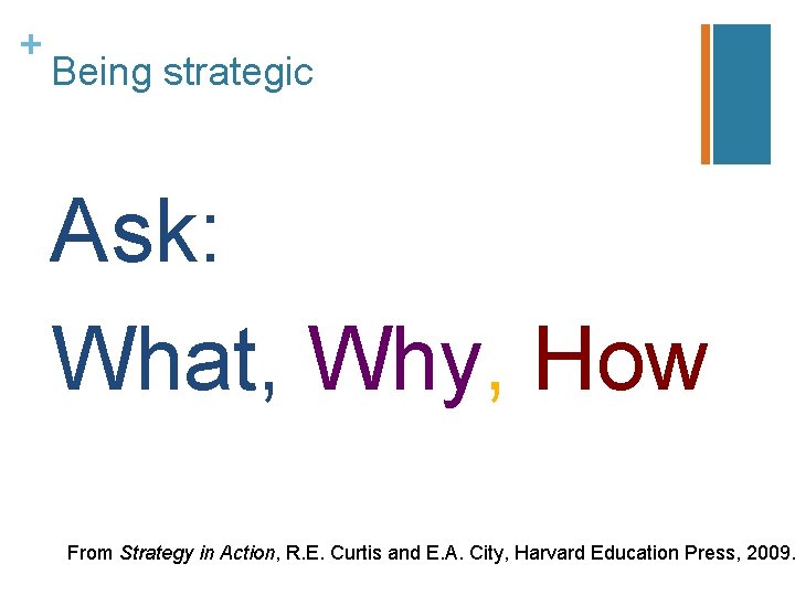 + Being strategic Ask: What, Why, How From Strategy in Action, R. E. Curtis