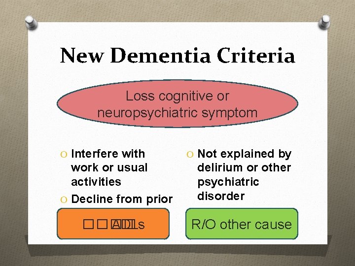 New Dementia Criteria Loss cognitive or neuropsychiatric symptom O Interfere with work or usual