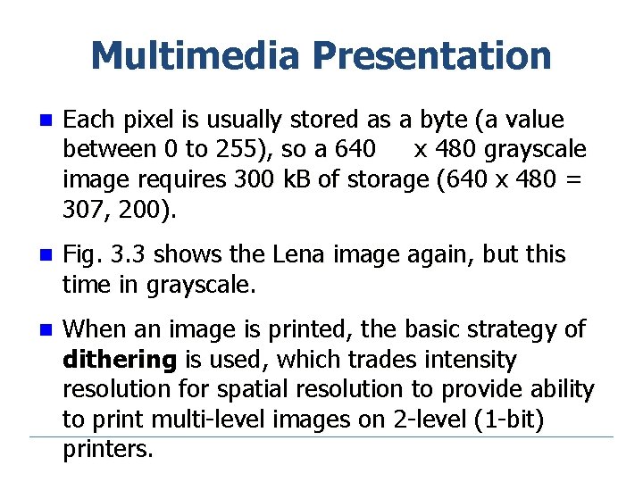 Multimedia Presentation n Each pixel is usually stored as a byte (a value between