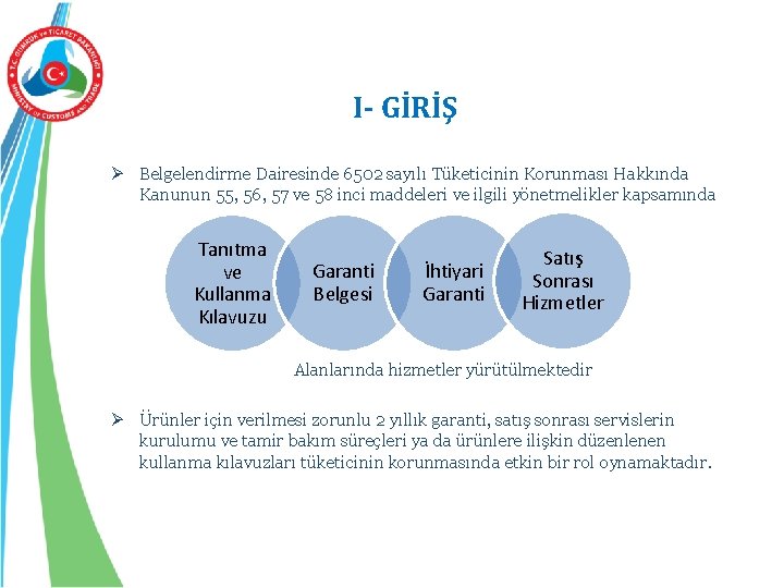 I- GİRİŞ Ø Belgelendirme Dairesinde 6502 sayılı Tüketicinin Korunması Hakkında Kanunun 55, 56, 57