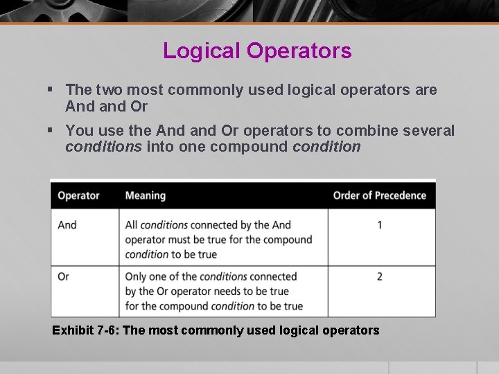 Logical Operators § The two most commonly used logical operators are And and Or Logical Operators § The two most commonly used logical operators are And and Or