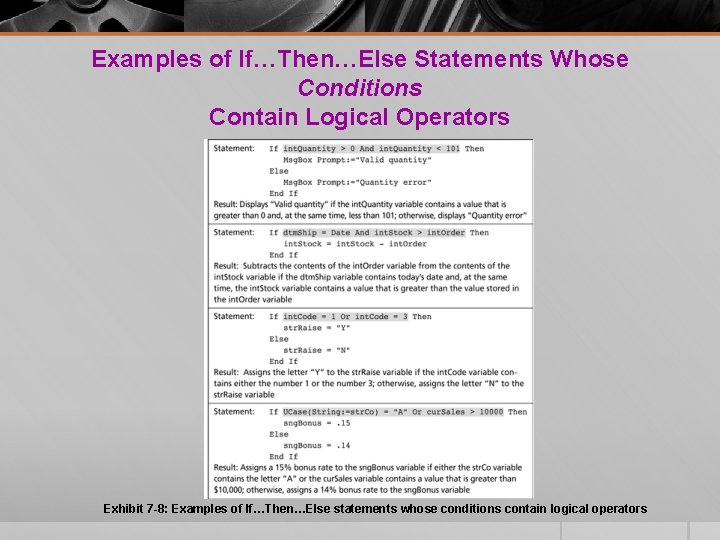 Examples of If…Then…Else Statements Whose Conditions Contain Logical Operators Exhibit 7 -8: Examples of Examples of If…Then…Else Statements Whose Conditions Contain Logical Operators Exhibit 7 -8: Examples of