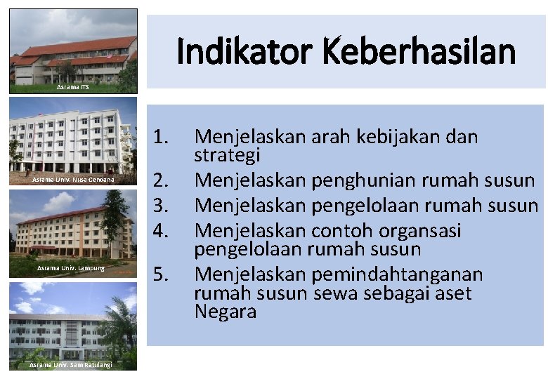 Indikator Keberhasilan Asrama ITS 1. Asrama Univ. Nusa Cendana Asrama Univ. Lampung Asrama Univ.