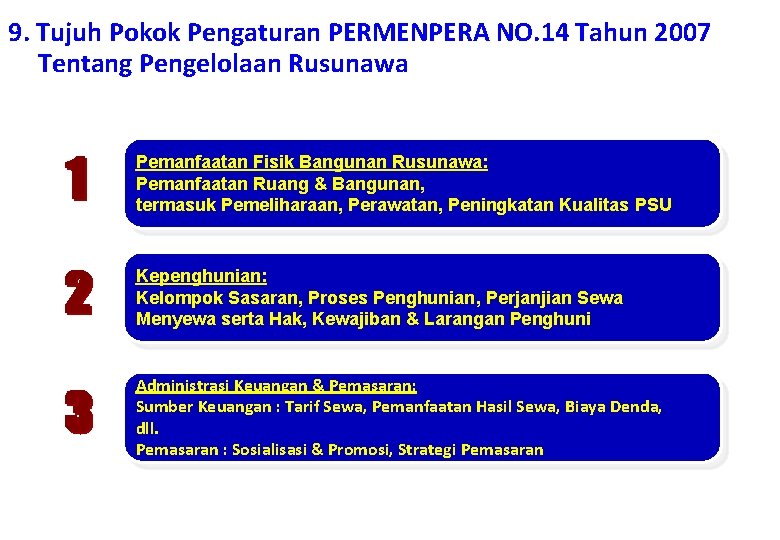 9. Tujuh Pokok Pengaturan PERMENPERA NO. 14 Tahun 2007 Tentang Pengelolaan Rusunawa Pemanfaatan Fisik