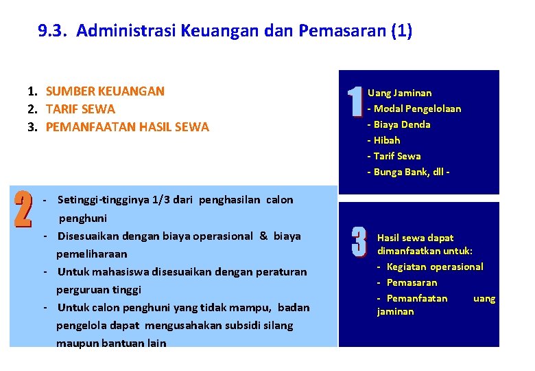 9. 3. Administrasi Keuangan dan Pemasaran (1) 1. SUMBER KEUANGAN 2. TARIF SEWA 3.