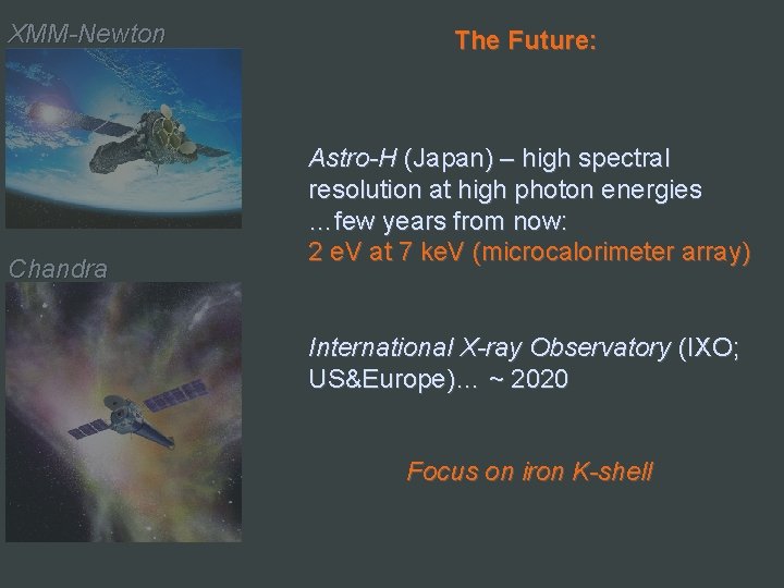 XMM-Newton Chandra The Future: Astro-H (Japan) – high spectral resolution at high photon energies