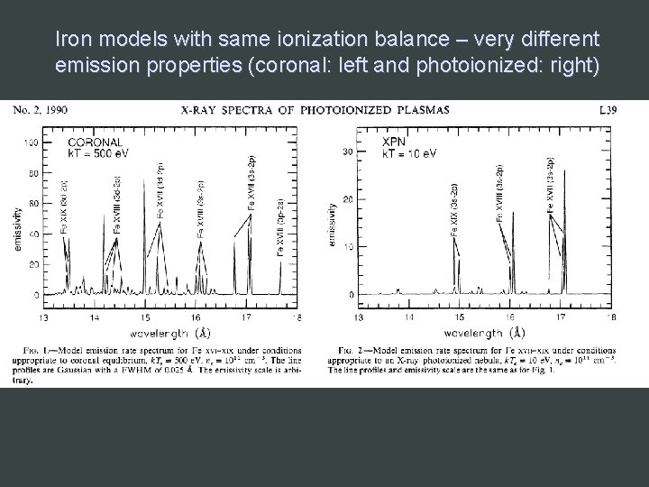 Iron models with same ionization balance – very different emission properties (coronal: left and