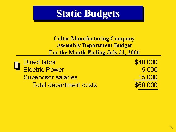 Static Budgets Colter Manufacturing Company Assembly Department Budget For the Month Ending July 31,