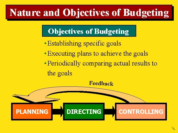 Nature and Objectives of Budgeting • Establishing specific goals • Executing plans to achieve