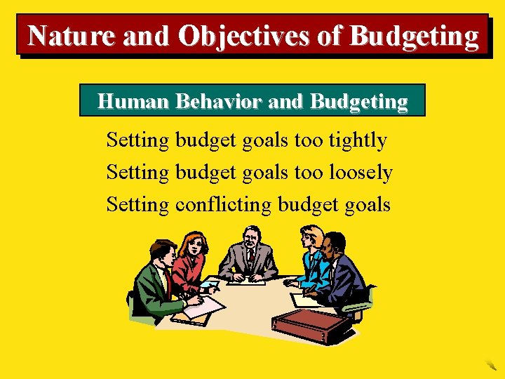 Nature and Objectives of Budgeting Human Behavior and Budgeting Setting budget goals too tightly