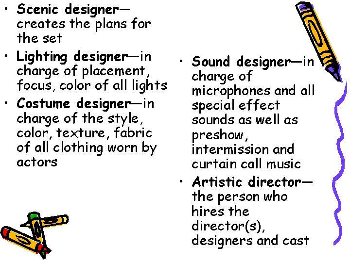 • Scenic designer— creates the plans for the set • Lighting designer—in • • Scenic designer— creates the plans for the set • Lighting designer—in •
