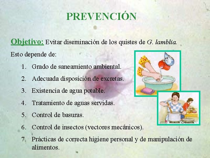 PREVENCIÓN Objetivo: Evitar diseminación de los quistes de G. lamblia. Esto depende de: 1.