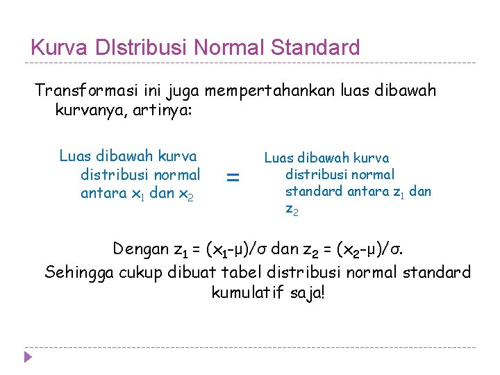 Kurva DIstribusi Normal Standard Transformasi ini juga mempertahankan luas dibawah kurvanya, artinya: Luas dibawah