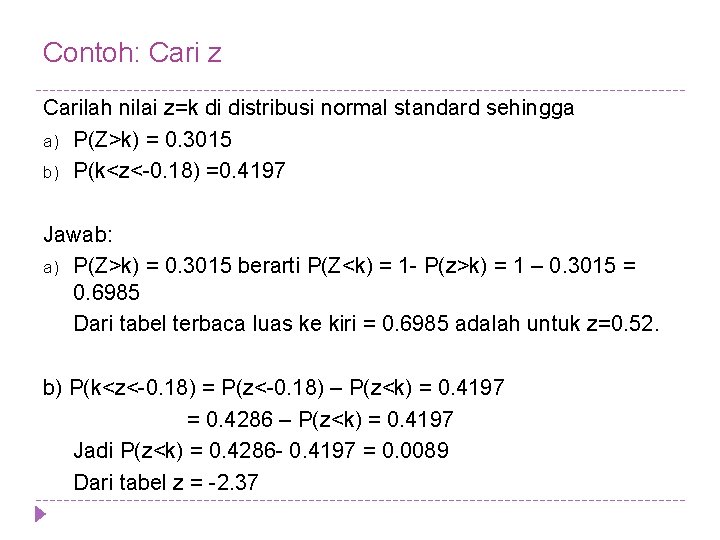 Contoh: Cari z Carilah nilai z=k di distribusi normal standard sehingga a) P(Z>k) =