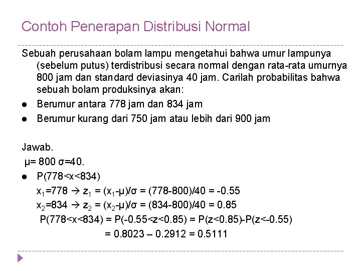 Contoh Penerapan Distribusi Normal Sebuah perusahaan bolam lampu mengetahui bahwa umur lampunya (sebelum putus)