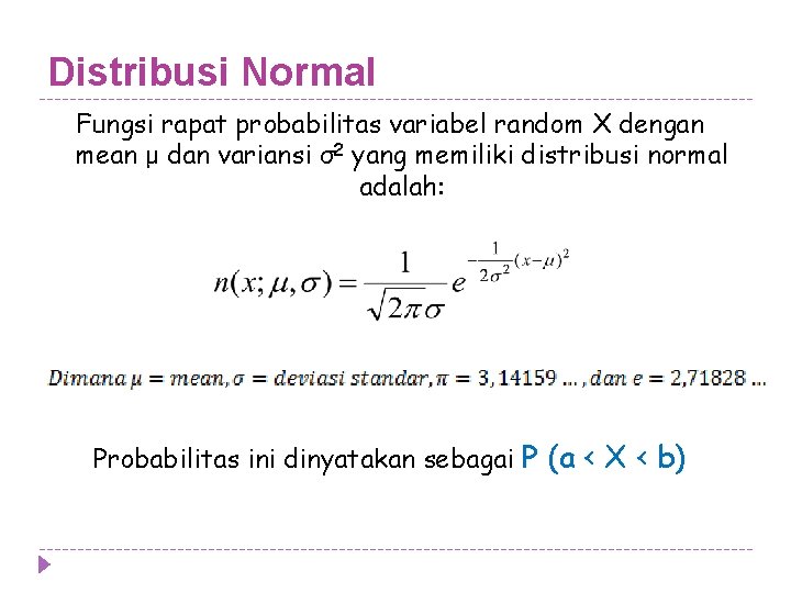 Distribusi Normal Fungsi rapat probabilitas variabel random X dengan mean μ dan variansi σ2