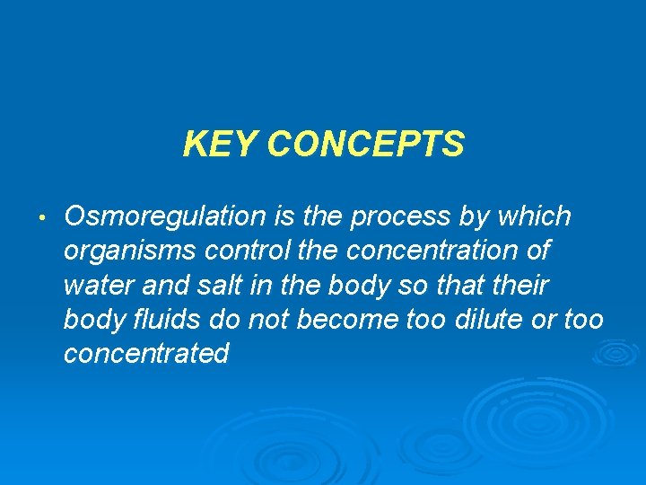 KEY CONCEPTS • Osmoregulation is the process by which organisms control the concentration of