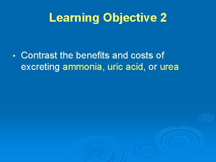 Learning Objective 2 • Contrast the benefits and costs of excreting ammonia, uric acid,