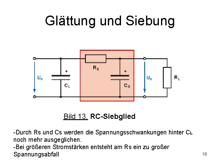 Glättung und Siebung Bild 13. RC-Siebglied -Durch Rs und Cs werden die Spannungsschwankungen hinter