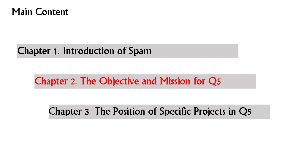 Main Content Chapter 1. Introduction of Spam Chapter 2. The Objective and Mission for