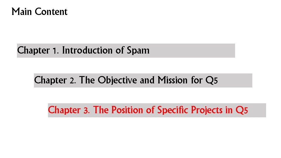 Main Content Chapter 1. Introduction of Spam Chapter 2. The Objective and Mission for